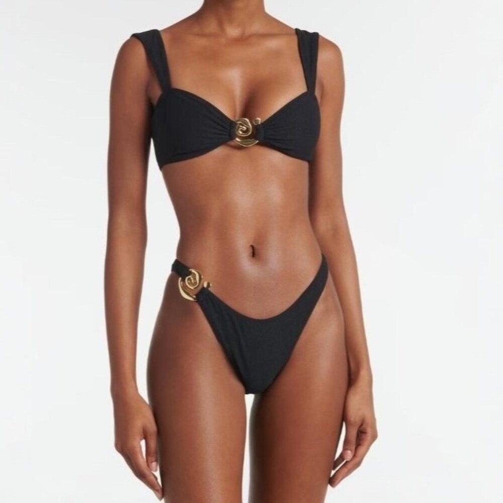 Black Bikini Swimwear Set with Gold Metal Detail